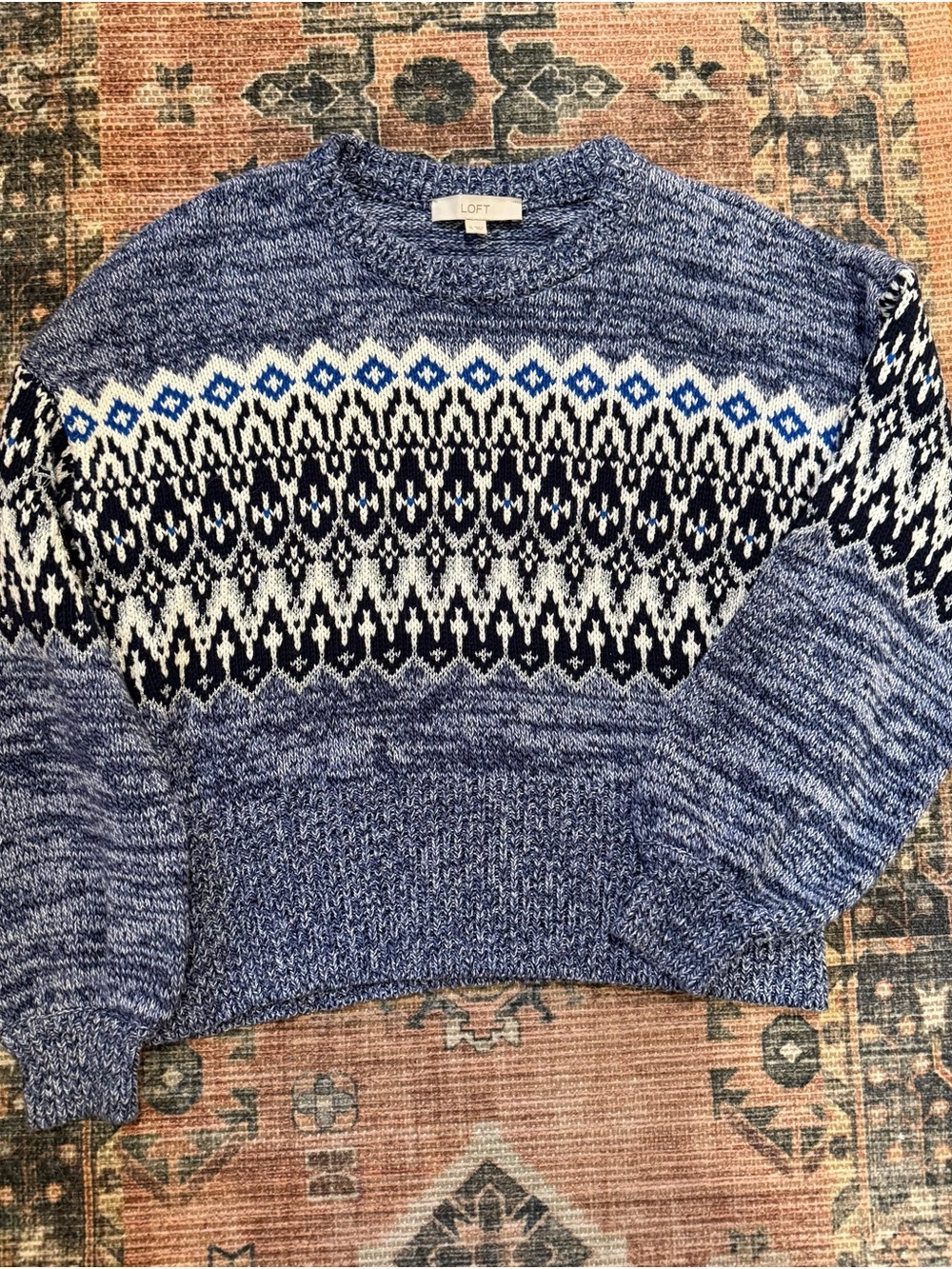 LOFT Blue Fair Isle Crewneck Sweater Size XL